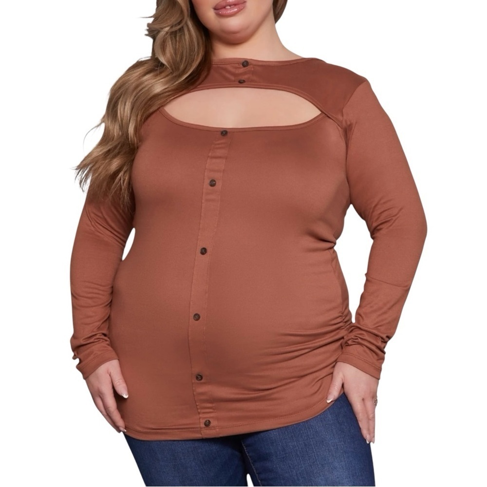Plus Size, Brown Button Down Shirt with Cut-Out Neckline, Size 4X